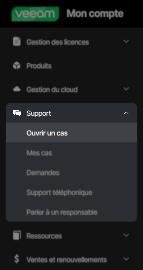 option de menu pour ouvrir un cas
