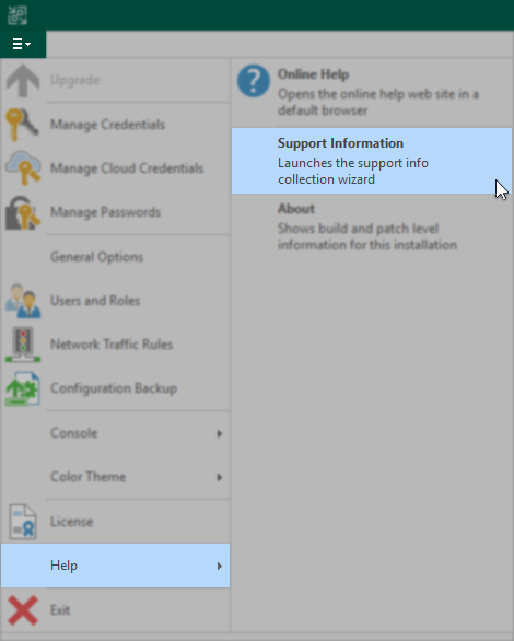 L’image montre le menu principal du Veeam Backup & Replication ouvert et la section «Help» développée, une souris survole l’option du menu d'nformations Support.