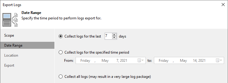 L’image affiche les options du «Date Range» de l’assistant d’exportation des journaux.