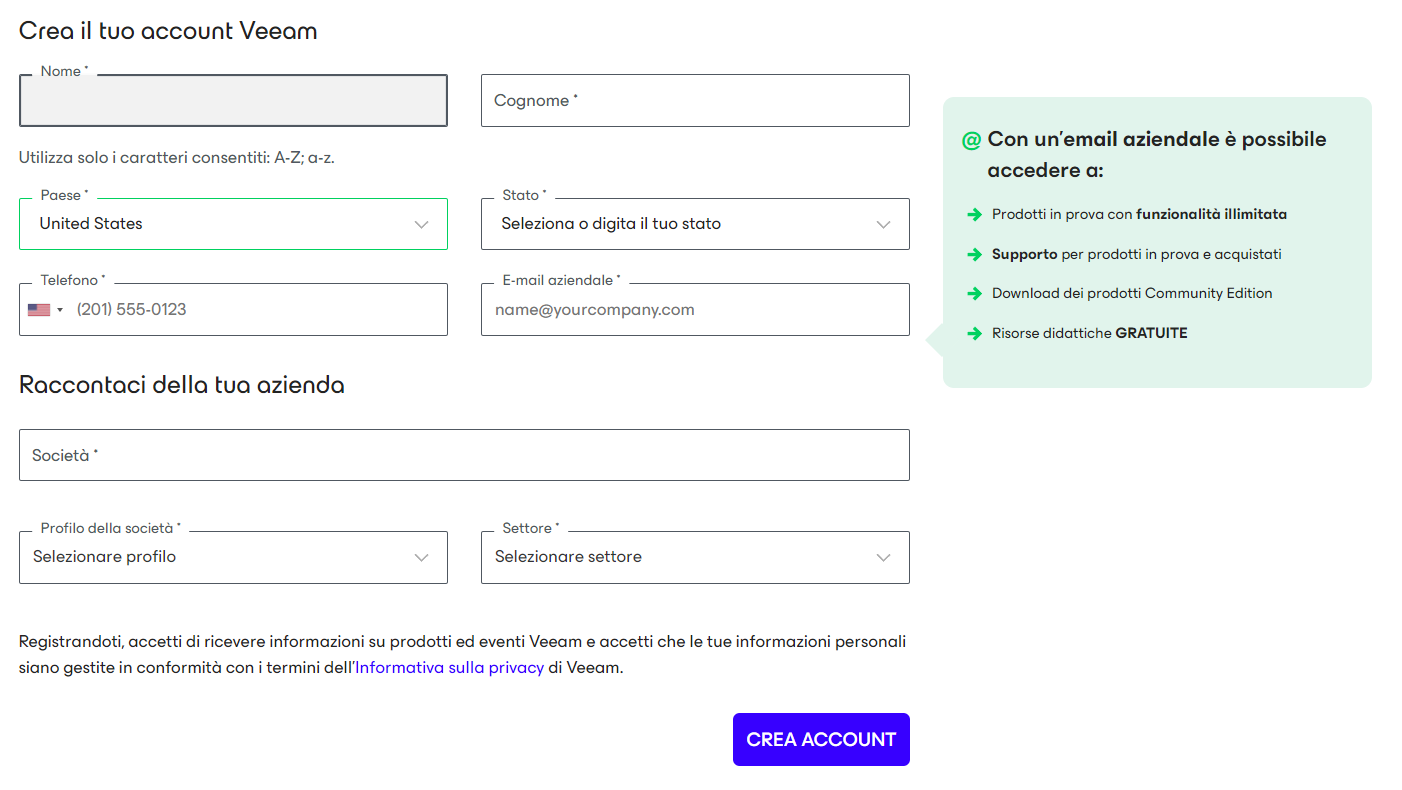 Crea un account