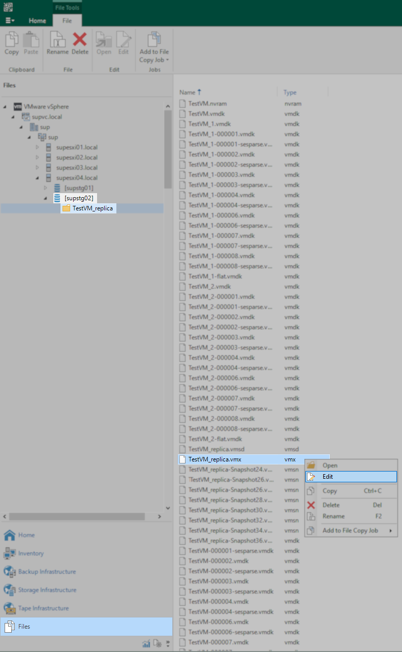 Screenshot of the files view within the Veeam Backup & Replication console with the vcenter expanded to select the datastore where the replica VM's folder is and the VMX file right clicked and the Edit option in the context menu selected.