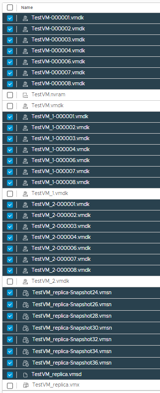 screenshot of the same datastore folder with every file EXCEPT the VMX, base VMDK, and NVRAM selected.