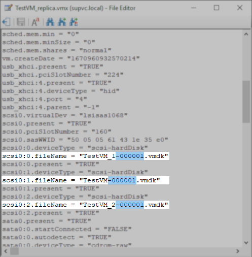 Screenshot of text editor with Replica VMX file open. Highlight is the line for scsi0:1.filename with the -00001 portion of the recorded filename highlighted indicate that it's the part that needs to be removed.