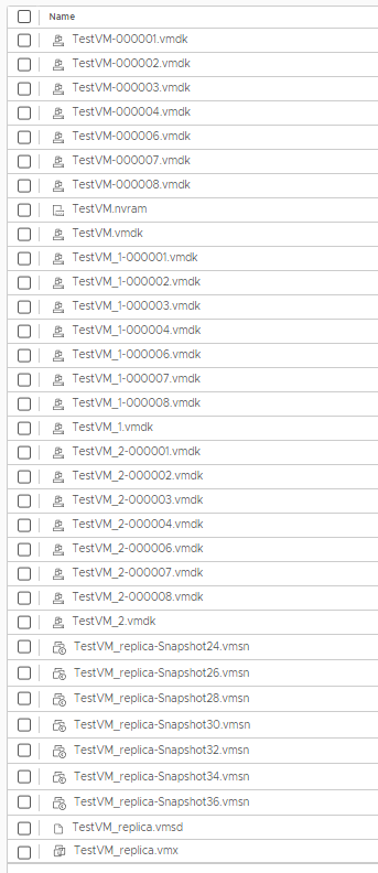 screenshot of the datastore folder with various files associated with the replica VM