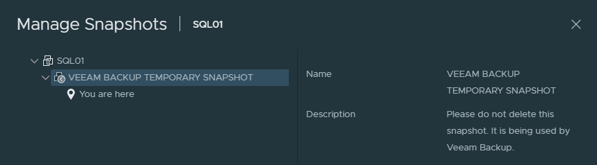 screenshot of snapshots on a VM named SQL, a snapshot is present named VEEAM BACKUP TEMPORARY SNAPSHOT