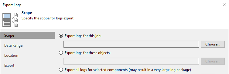 The screenshot displays the scope options of the Export logs wizard