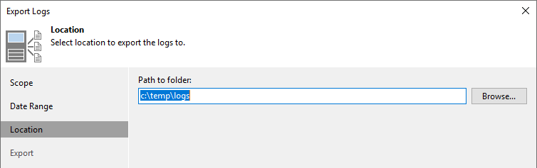 The image displays the Location tab of the Export Logs wizard.