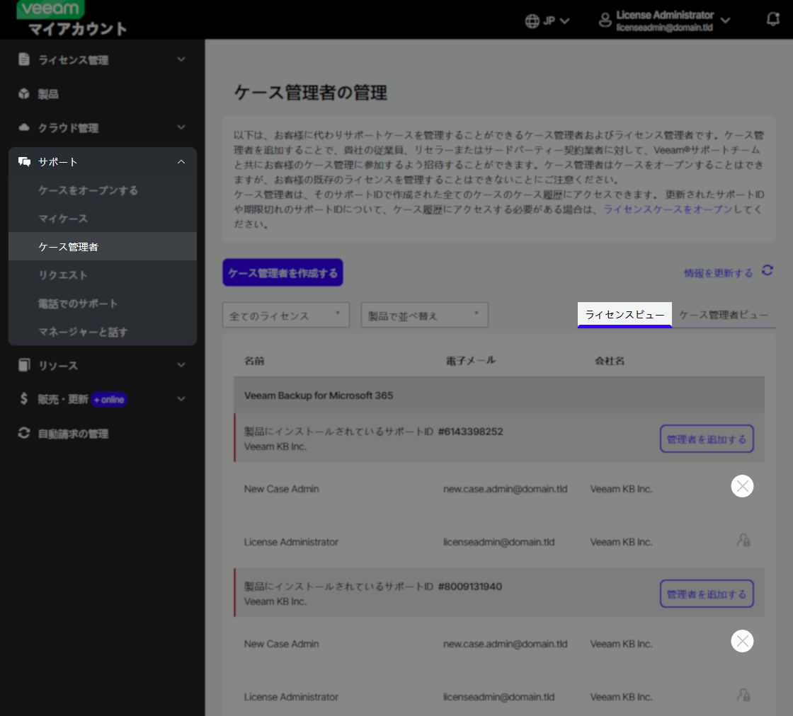 Veeam case administrators management page in Japanese, with the "ライセンスビュー" (License View) tab selected. The list shows products and associated administrators, with "管理者を追加する" (Add administrator) and delete (X) icons available for removing a case admin from a specific contract.