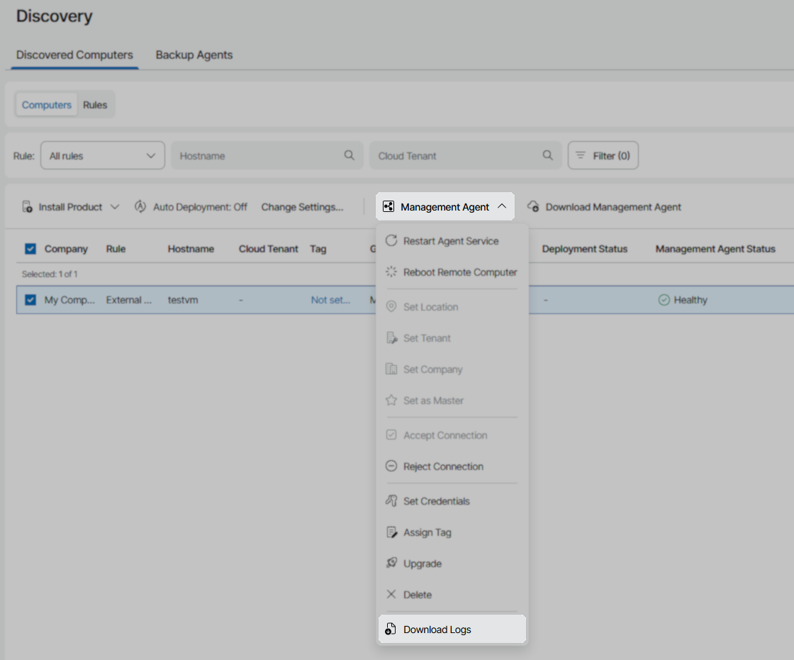 The Discovery section of the Veeam Service Provider Console is open to "Discovered Computers." The "Management Agent" dropdown menu for a selected computer (testvm) is expanded, with "Download Logs" highlighted at the bottom of the menu.
