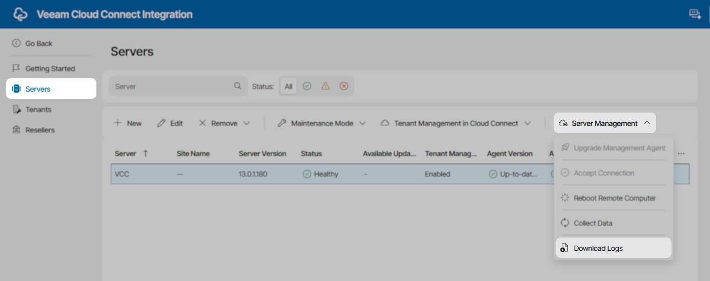 The Veeam Cloud Connect Integration interface is open to the "Servers" section. The "Server Management" dropdown menu for the selected server (VCC) is expanded, with "Download Logs" highlighted among other actions.