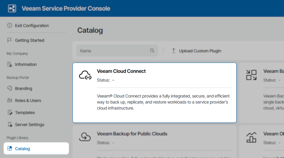 The Veeam Service Provider Console is open to the "Catalog" section. The "Veeam Cloud Connect" plugin card is highlighted, showing a description of Veeam Cloud Connect as an integrated, secure solution for cloud backup, replication, and restore.