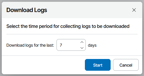 A "Download Logs" dialog prompts the user to select the time period for collecting logs. The option to download logs for the last 7 days is selected, with "Start" and "Cancel" buttons at the bottom.