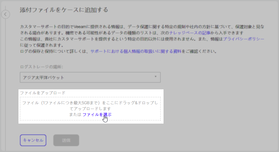 ファイルをアップロードするための欄が表示されており、「ファイル（1ファイルにつき最大5GBまで）をここにドラッグ＆ドロップしてアップロードします またはファイルを選ぶ」と書かれています。「ファイルを選ぶ」が青色で強調され、カーソルがその上にあります。